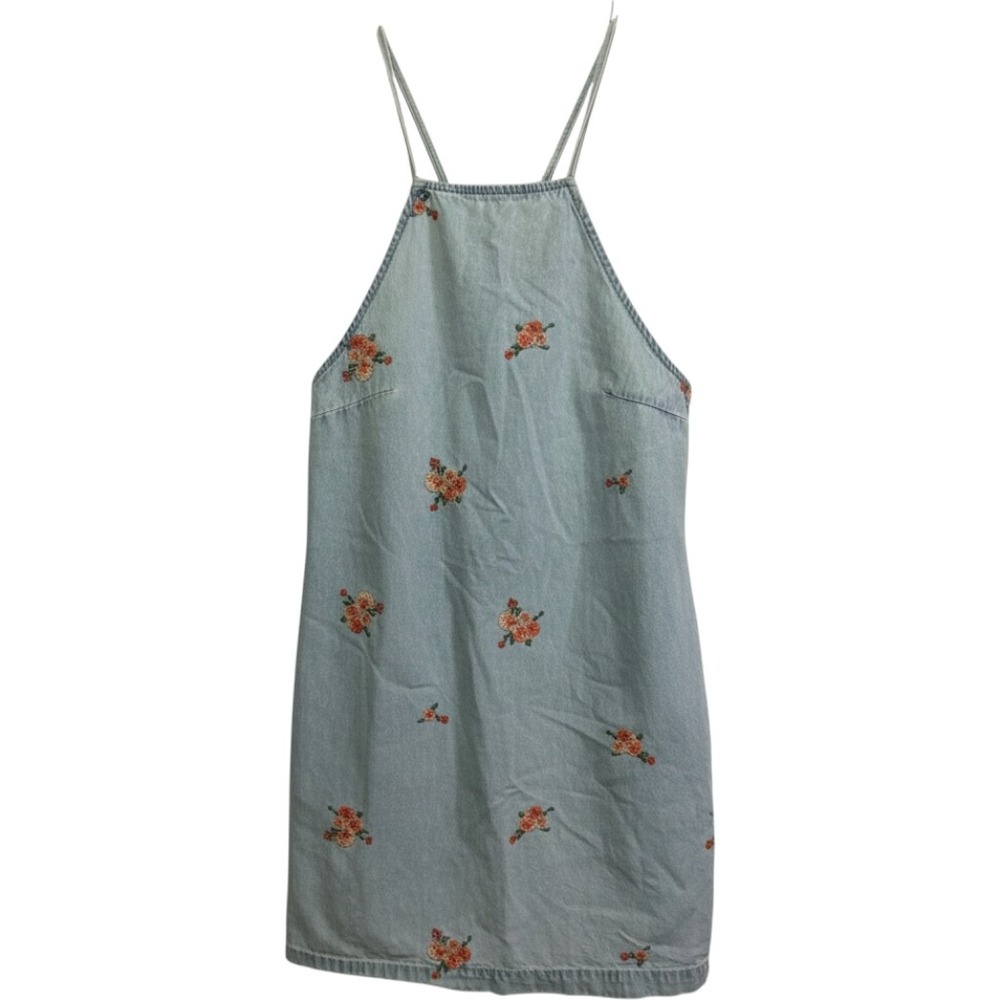 MNG Mango Light Wash Denim Floral Embroidered Halter Mini Dress Blue Womens 8